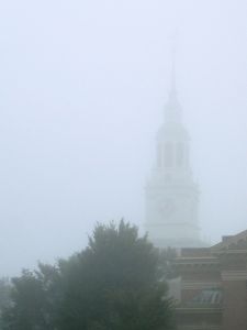 Baker tower disappearing in the mist